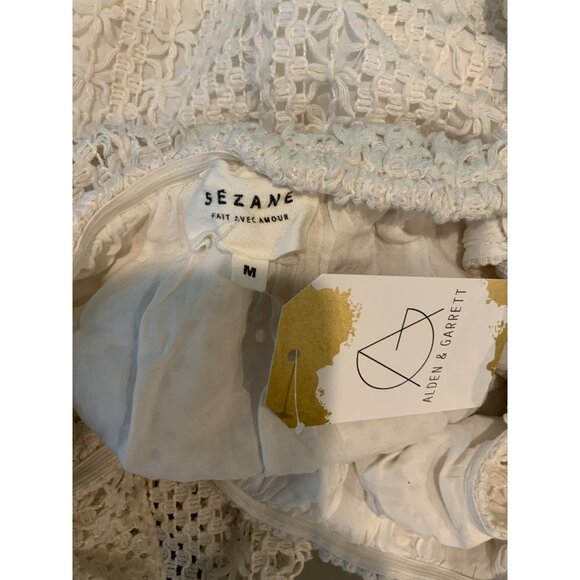 Sezane White Crochet Lace Ruffle Square Neck Mini Dress, SizeMedium - Picture 5 of 5